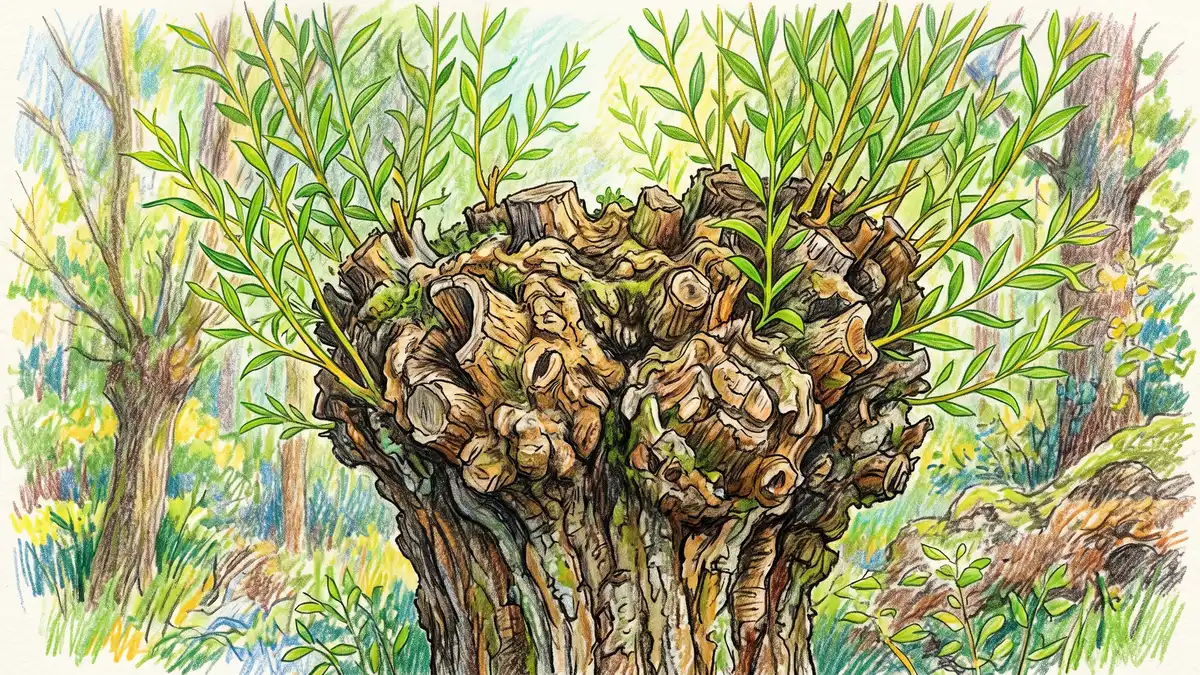 Close-up of a gnarled willow pollard knuckle showing layers of old callus tissue with fresh green shoots emerging around its rim