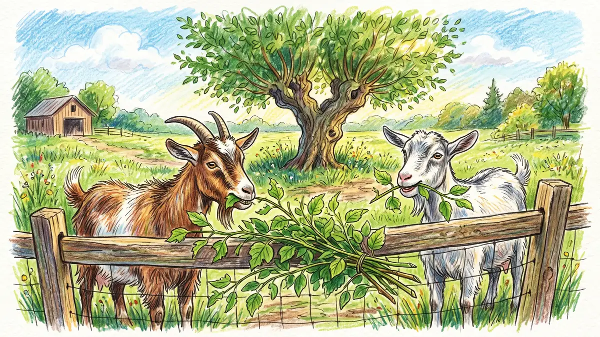 Two goats browsing fresh cut mulberry branches laid over a fence rail with a pollarded mulberry tree behind them