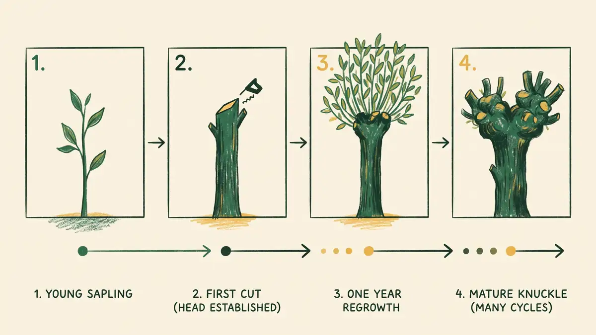 Illustrated timeline diagram showing the four stages of pollarding a tree from young sapling to established knuckle after repeated cutting cycles