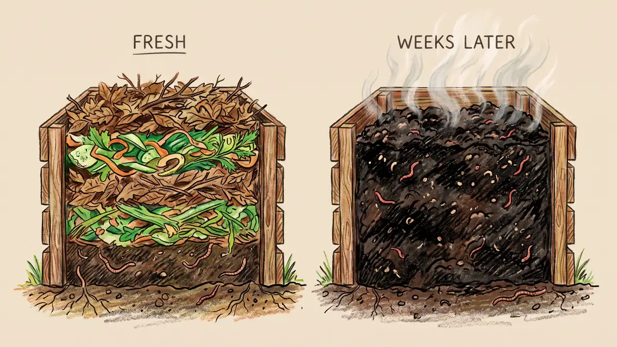 Cross-section comparison of a freshly built compost pile with crisp brown and green layers beside the same pile weeks later, mixed into uniform dark compost