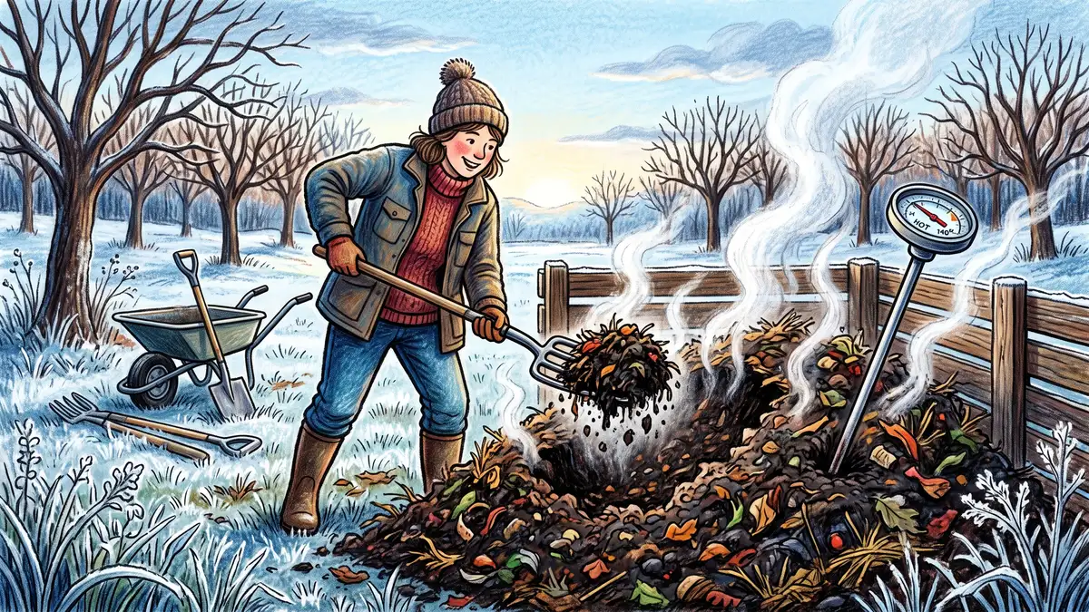 A gardener turning a steaming compost pile with a garden fork on a frosty morning, with a long-stem compost thermometer pushed into the heap
