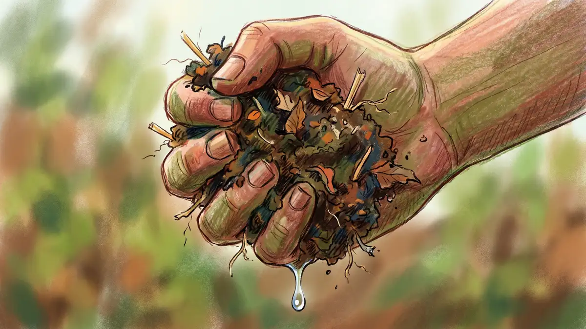 Close-up of a hand squeezing a fistful of damp compost with a single drop of water forming, showing correct moisture level