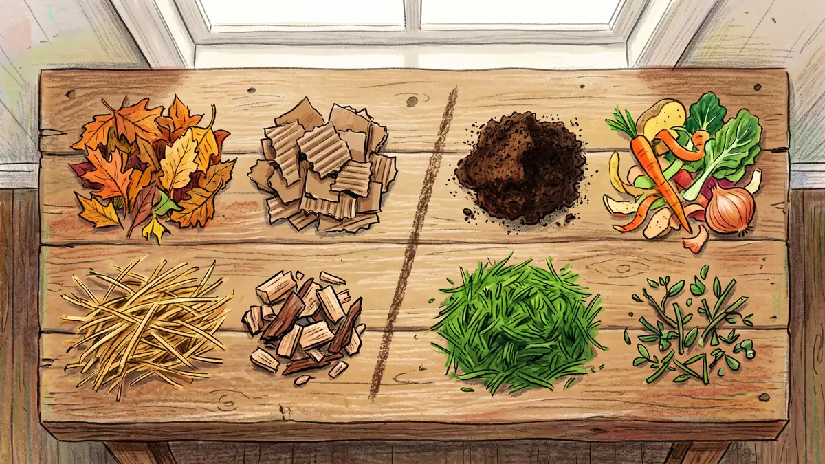 Overhead view of compost ingredients sorted into browns of leaves, cardboard and straw beside greens of coffee grounds, vegetable peel and grass clippings