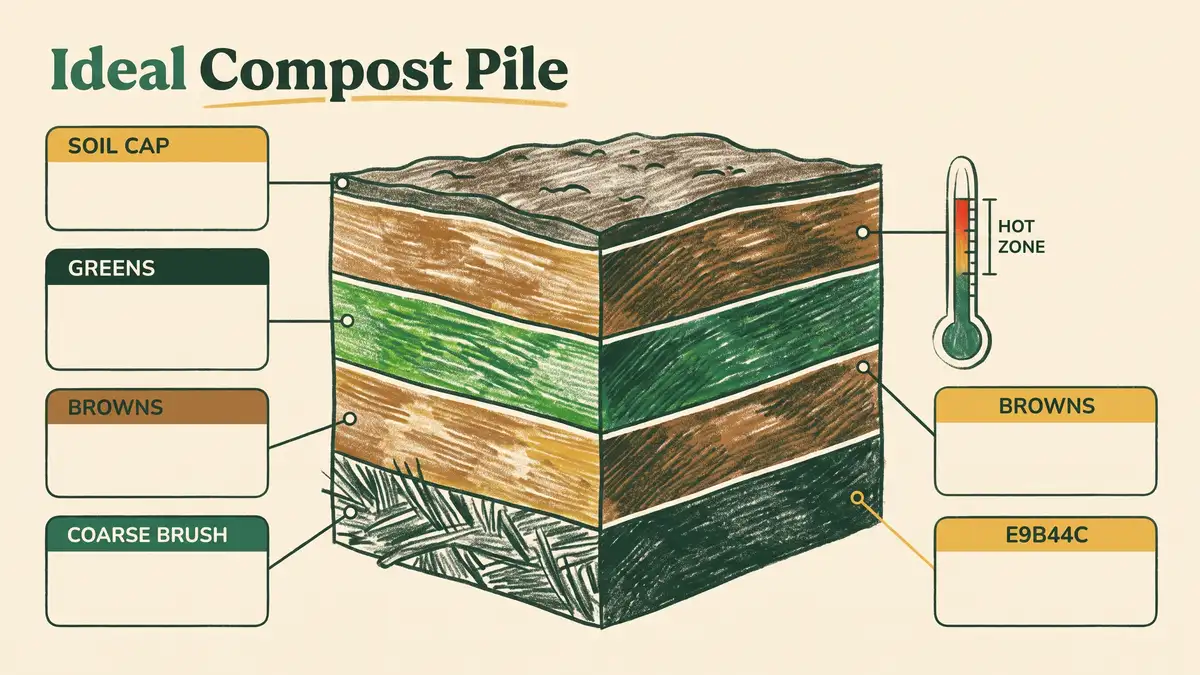 Illustrated cutaway diagram of an ideal compost pile showing the brush base, alternating brown and green layers, soil cap and a thermometer marking the hot zone