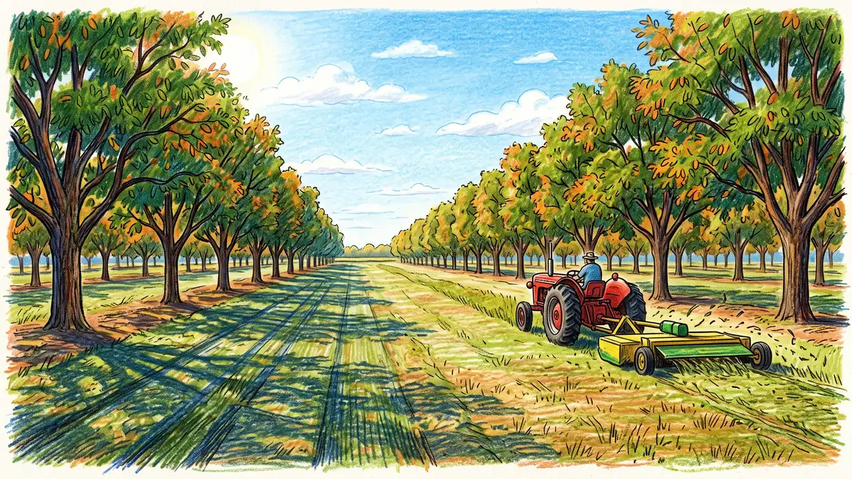 A wide grassy alley between two rows of maturing pecan trees with a tractor mowing hay along the alley in early autumn
