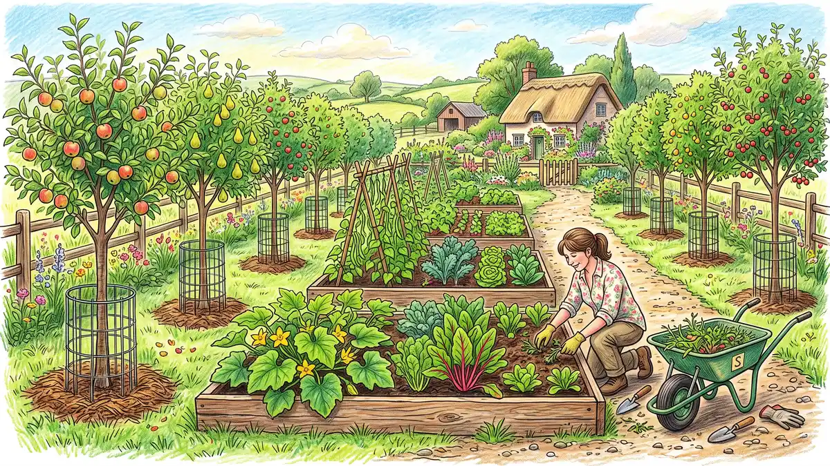 A homestead-scale alley cropping layout with two rows of young fruit trees and raised vegetable beds of squash, beans and greens between them