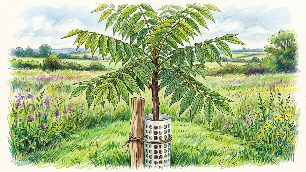 A young black walnut tree in a farm field with a white tree guard around its trunk and a mown strip of grass at its base