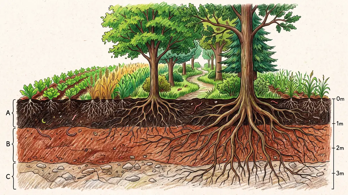 Cross-section of soil beneath an alley cropping system showing deep tree roots reaching well below the shallow root zone of the annual crop