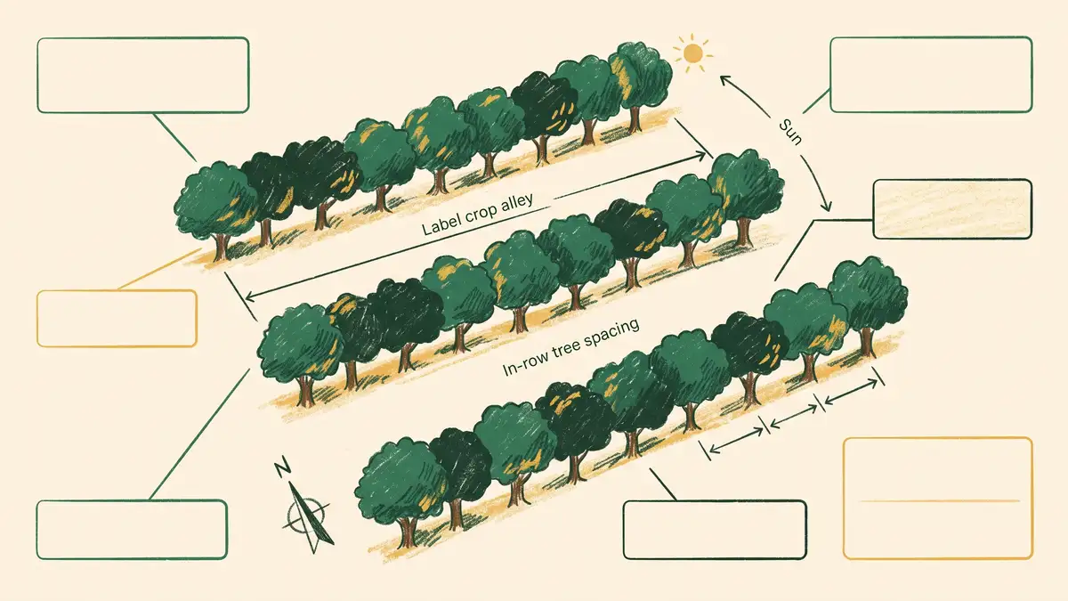 Overhead plan diagram of an alley cropping layout showing three parallel tree rows with dimensioned crop alleys between them and a sun path indicator