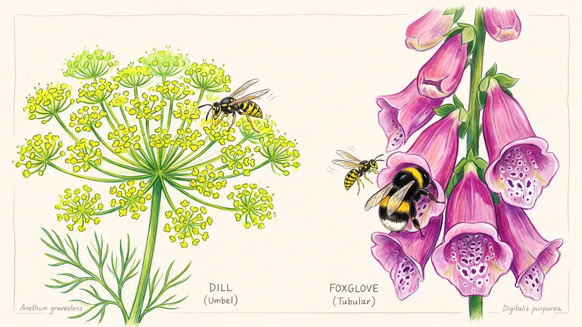 Botanical comparison showing a small wasp feeding easily on a flat open dill umbel beside a deep tubular foxglove flower it cannot access