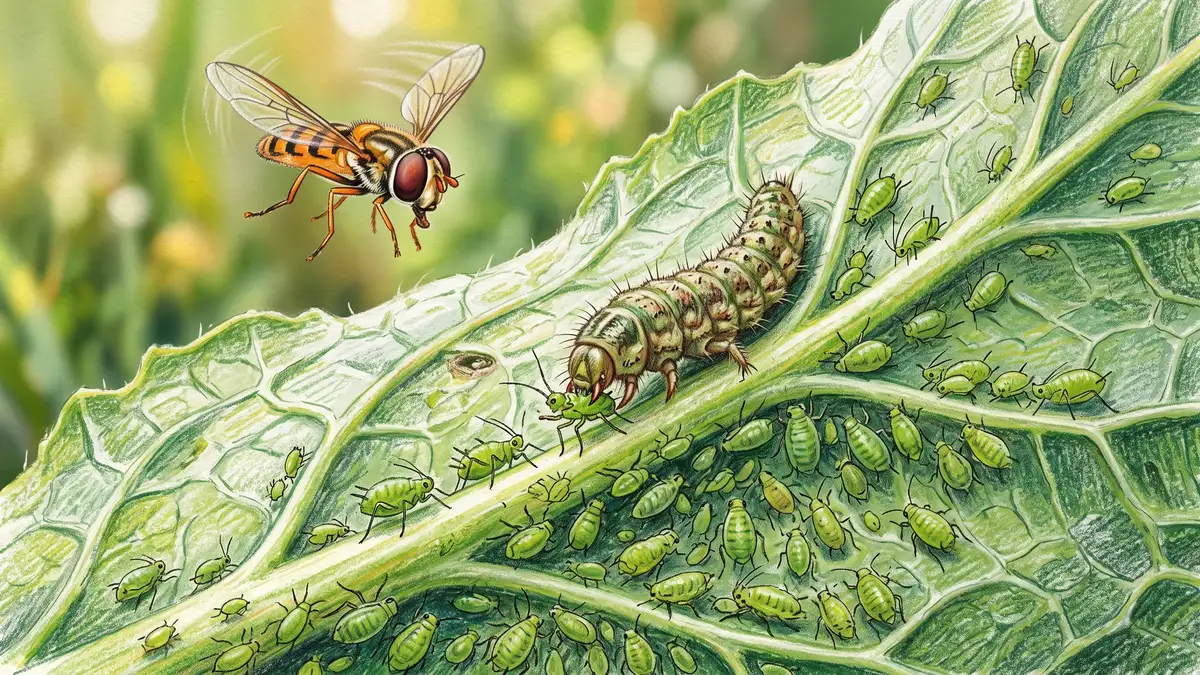 A hoverfly larva feeding on a colony of green aphids on the underside of a brassica leaf with an adult hoverfly above