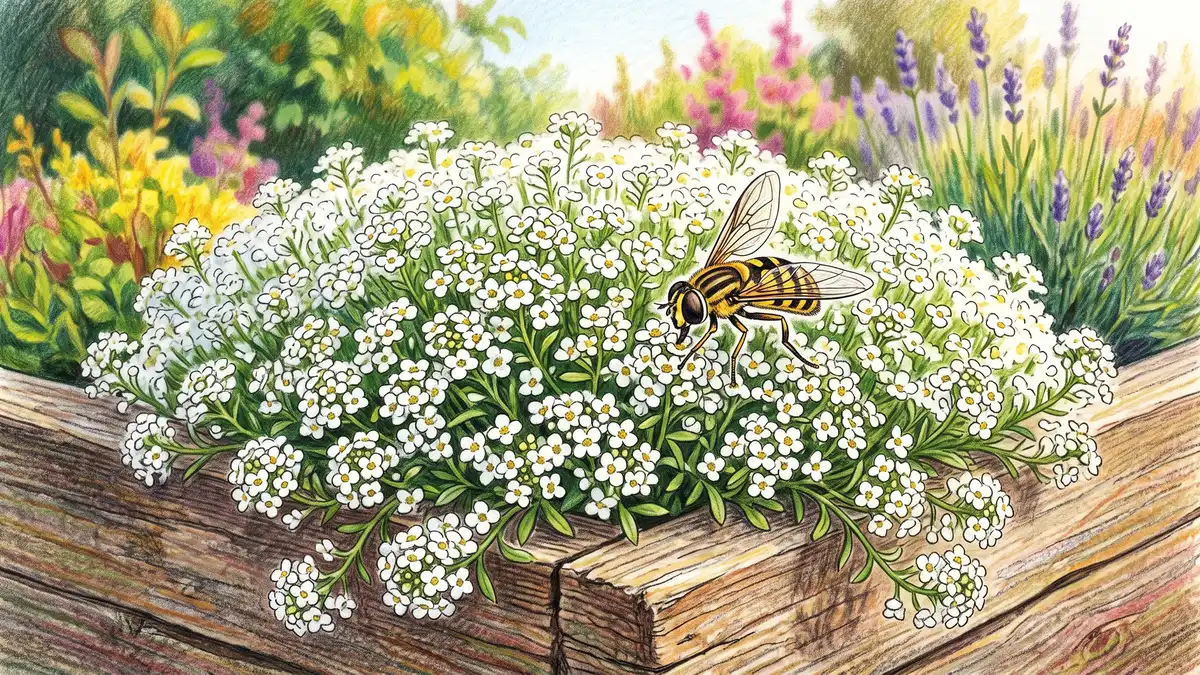 A low mound of white sweet alyssum in full flower spilling over the edge of a raised bed with a hoverfly landing on the blooms