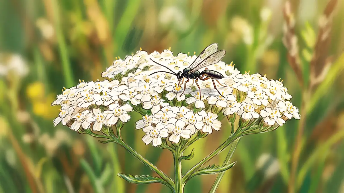 A tiny parasitoid wasp feeding on nectar from a flat white yarrow flower head, showing the flat landing platform of the flower