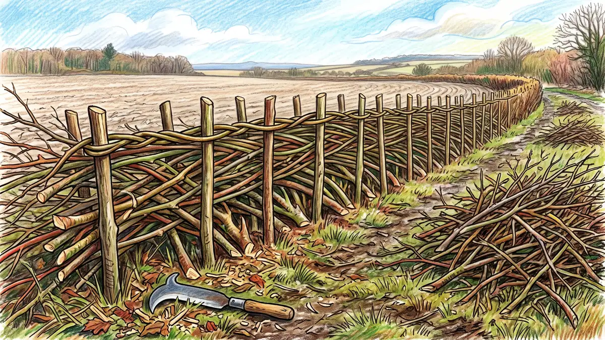 A hedge being laid traditionally, with stems cut partway through and bent at a low angle between upright stakes with a twisted binder along the top