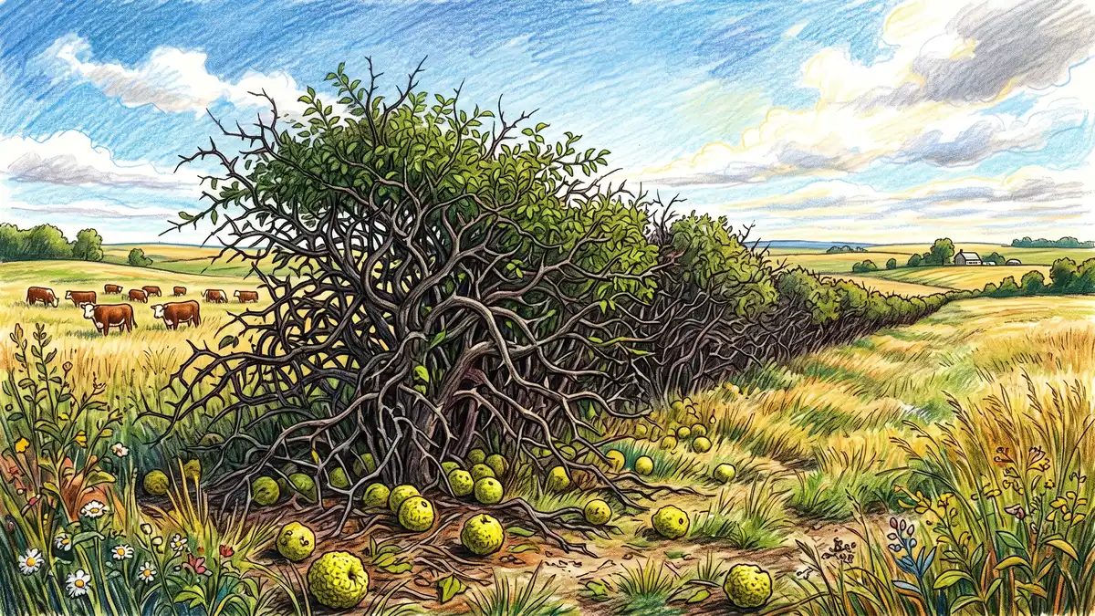 A dense old Osage orange hedge row along a midwestern prairie field with thorny interlocking branches and hedge apples on the ground