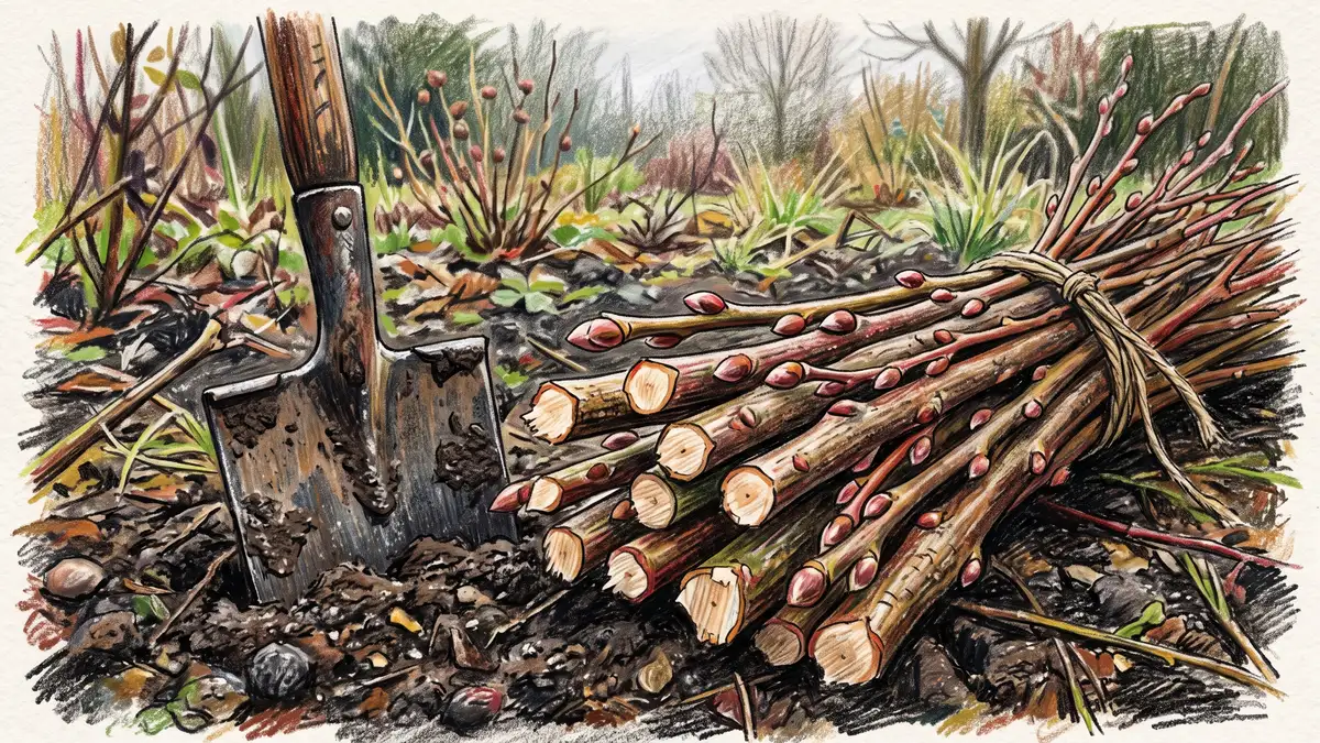 A bundle of freshly cut willow rods lying on damp winter soil beside a spade, cut ends pale and buds swelling along the bark