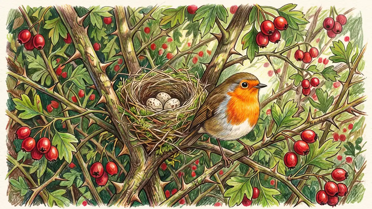 A small bird perched inside a dense thorny hawthorn hedge with a nest in the branch fork behind it and red haws nearby