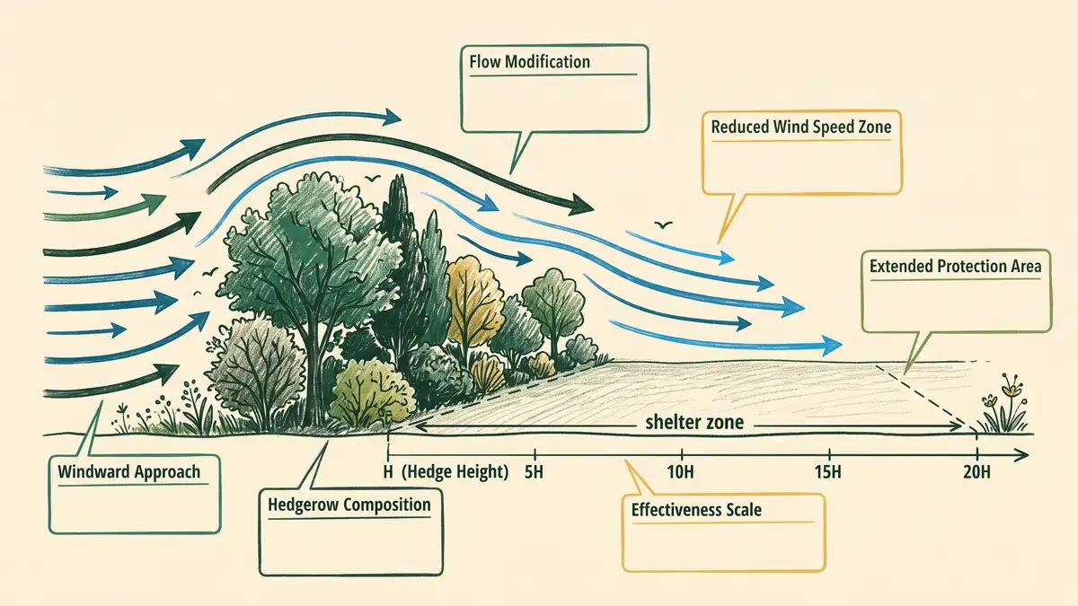 Cross-section diagram of a hedgerow windbreak showing wind flowing over the hedge and the sheltered zone downwind measured in multiples of hedge height