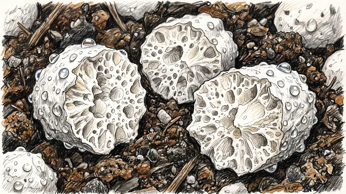 Close-up of white perlite granules showing porous popcorn-like structure with water beading on the surface rather than soaking in, scattered on dark potting soil