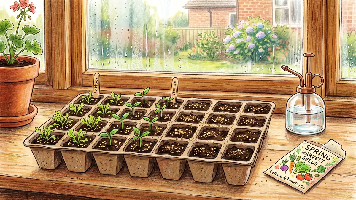 Seed starting tray on a windowsill dusted with golden vermiculite flakes with lettuce and tomato seedlings emerging beside a hand mister
