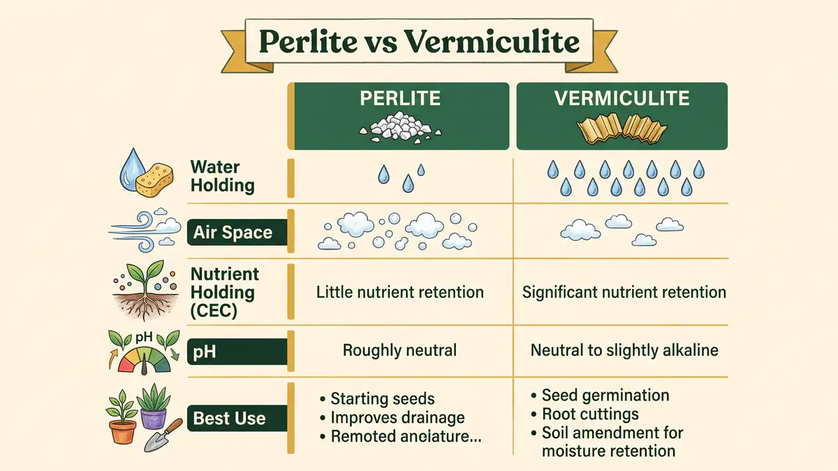 Infographic comparing perlite and vermiculite across water holding, air space, nutrient holding CEC, pH and best use in garden soil mixes