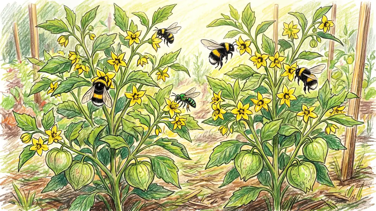 Two tomatillo plants growing three feet apart covered in small yellow star-shaped flowers with bumblebees working the blooms for cross-pollination