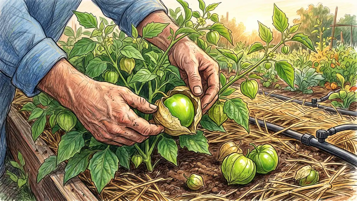 Gardener's hands parting tomatillo foliage to reveal a split husk showing the shiny green ripe fruit inside above straw mulch
