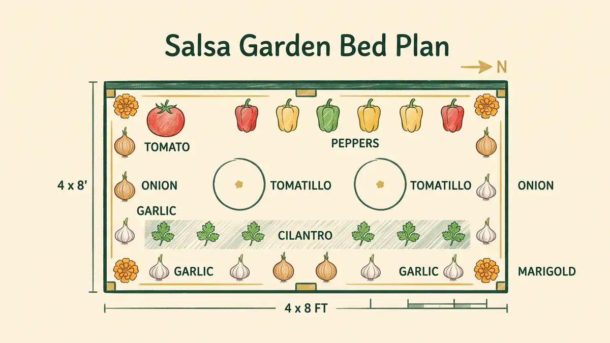 Overhead salsa garden bed plan showing tomatillo, tomato, pepper, onion, garlic, cilantro and marigold positions in a 4 by 8 foot raised bed