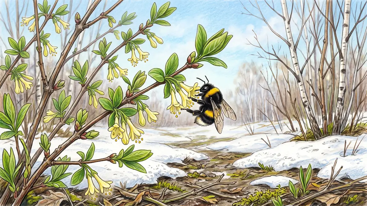 Honeyberry branches in early spring covered in pale yellow tubular paired flowers with a bumblebee visiting, snow still on the ground below