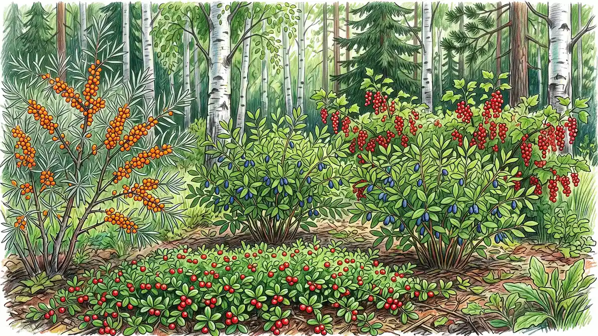 Boreal forest garden shrub layer with honeyberry bushes, creeping lingonberry groundcover, sea buckthorn and red currants under birch and pine