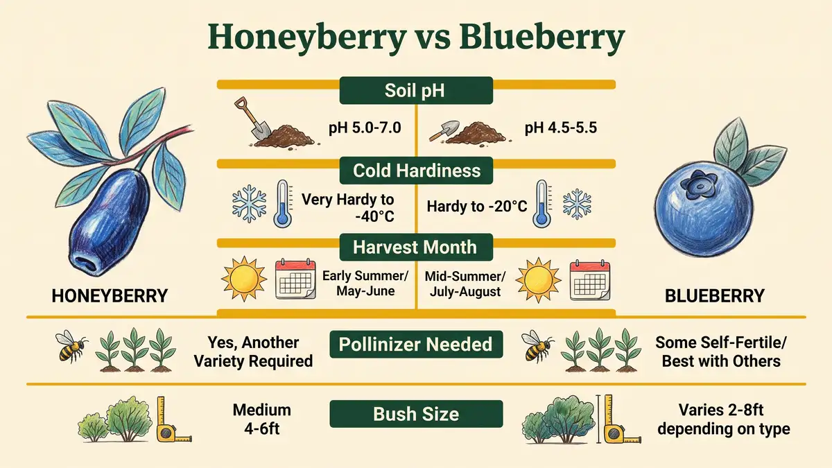 Infographic comparing honeyberry and blueberry across soil pH, cold hardiness, harvest month, pollinizer needed and mature bush size