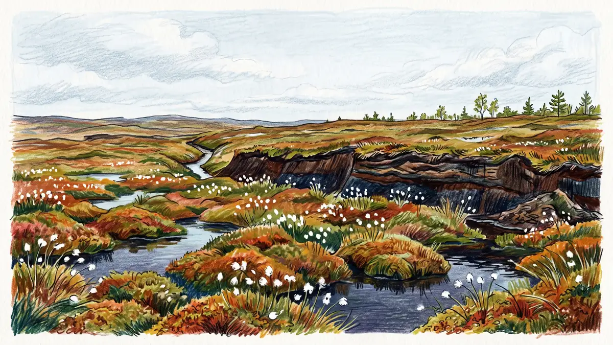 Open peat bog landscape with sphagnum moss hummocks, dark pools and a cut peat bank showing the deep stratified brown layers below