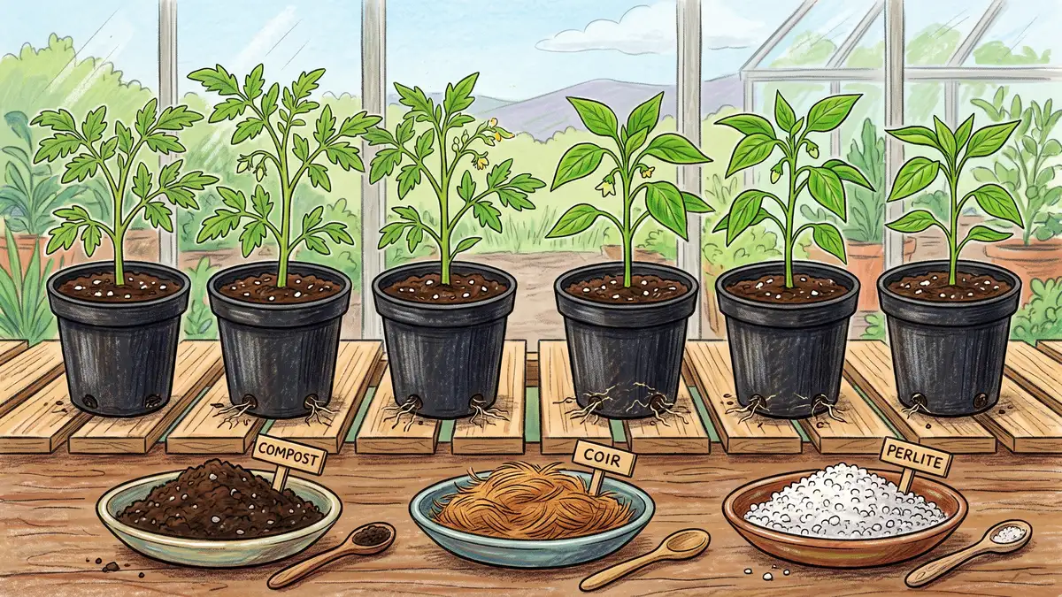 Tomato and pepper seedlings in nursery pots beside dishes of compost, coco coir and white perlite ready to be blended into potting mix