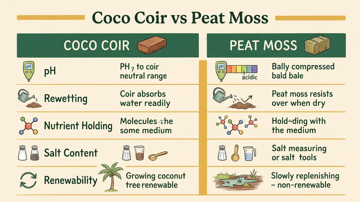 Infographic comparing coco coir and peat moss across pH, rewetting, nutrient holding, salt content and renewability for potting mixes
