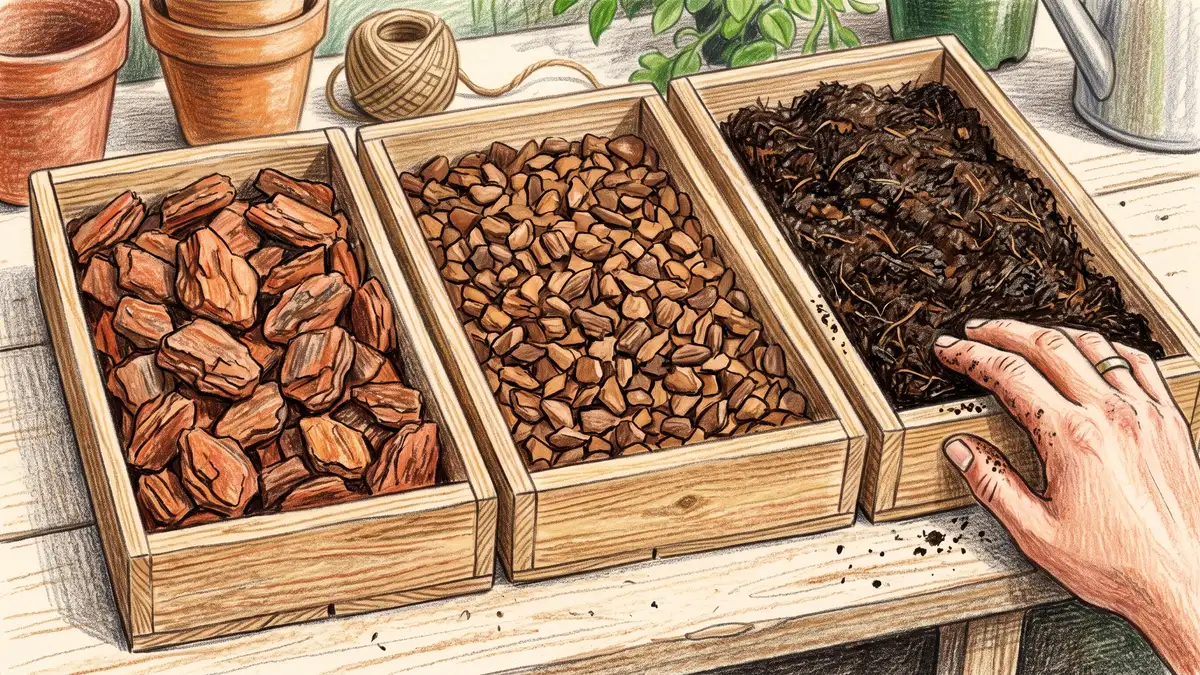 Three wooden trays holding large pine bark nuggets, small mini nuggets and fine crumbly pine bark soil conditioner side by side for comparison