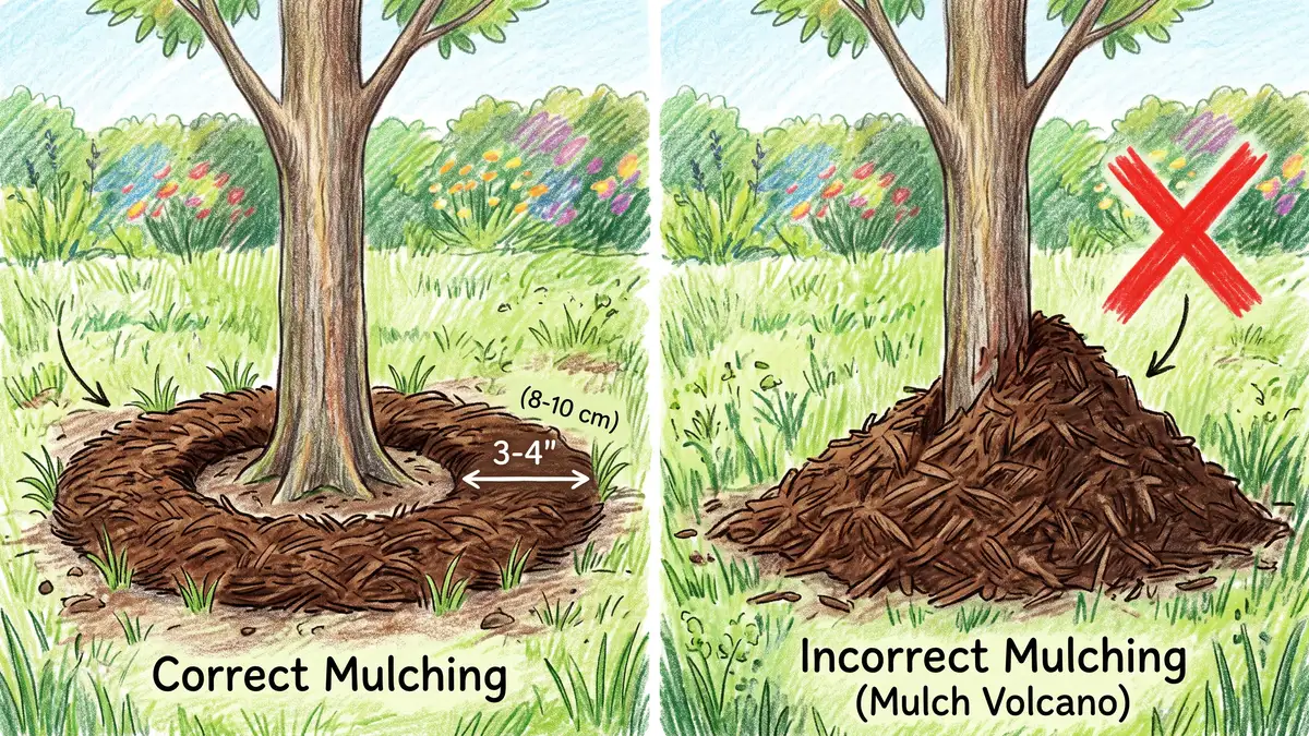 Comparison of a correctly mulched tree with the root flare visible beside a mulch volcano piled against the trunk marked as wrong