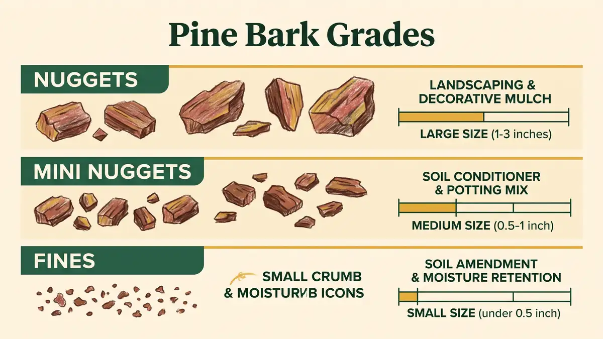 Infographic showing pine bark grades from large nuggets through mini nuggets to fines with size scale bars and recommended uses