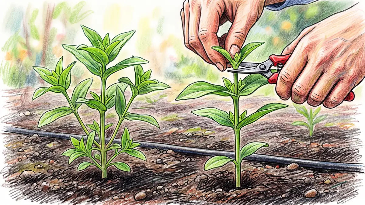 Hands pinching out the growing tip of a young zinnia seedling beside an already-pinched plant showing several new side shoots branching from the base