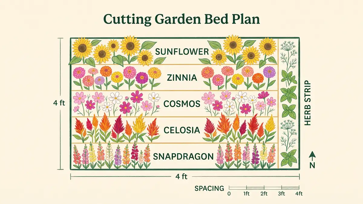 Overhead cutting garden bed plan showing bands of sunflower, zinnia, cosmos, celosia and snapdragon with an herb strip along one edge