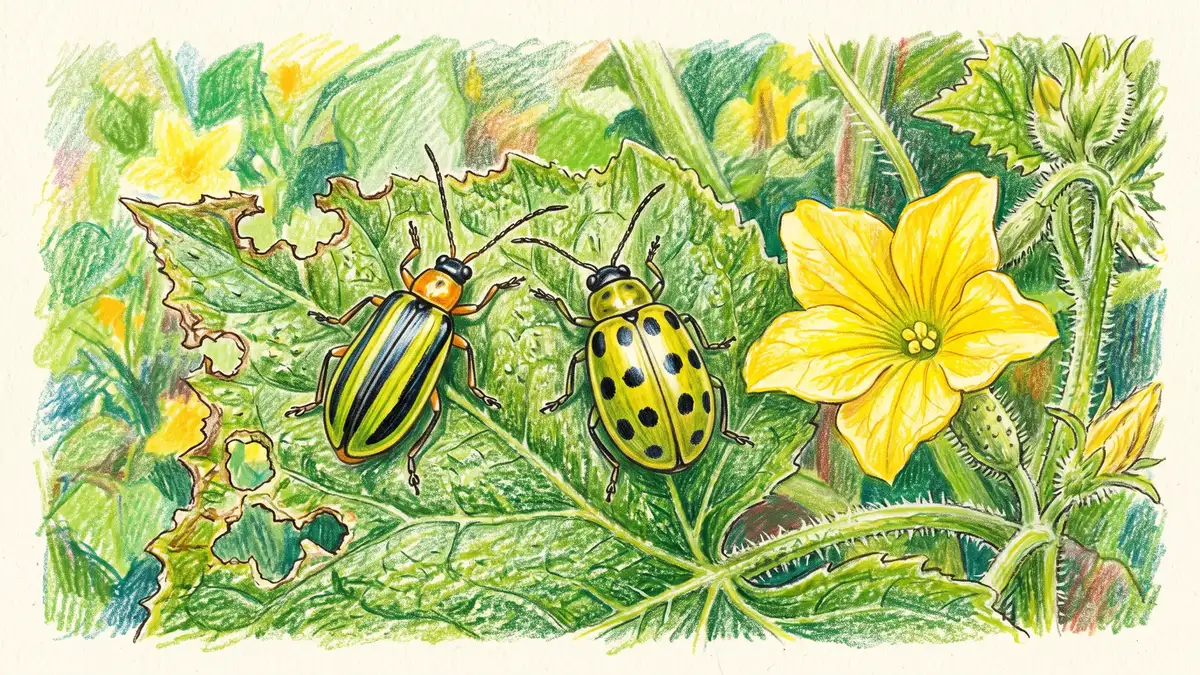 Illustrated comparison of a striped cucumber beetle with three black stripes beside a spotted cucumber beetle with twelve black spots on a chewed cucumber leaf