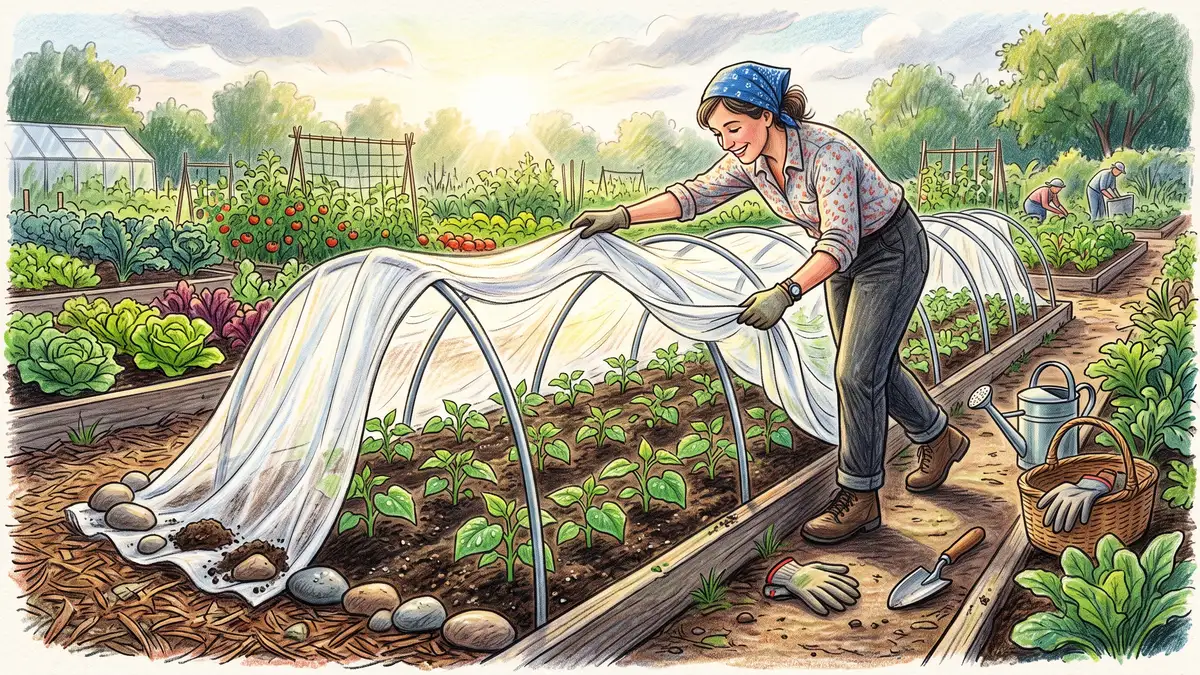 Gardener draping white floating row cover over metal hoops across a bed of young cucumber seedlings to exclude cucumber beetles