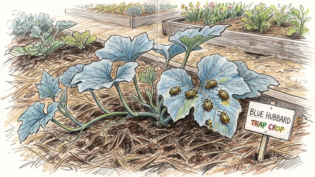 Young Blue Hubbard squash plant with blue-grey lobed leaves used as a perimeter trap crop, striped cucumber beetles clustered on the foliage