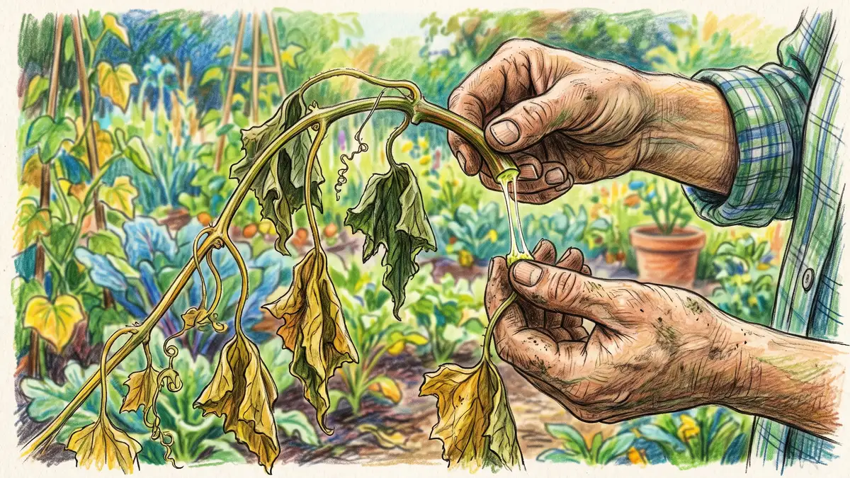 Gardener's hands performing the bacterial wilt string test on a cut cucumber stem, sticky white sap drawn into a fine thread between finger and thumb
