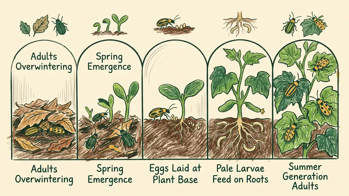 Hand-drawn cucumber beetle life cycle timeline showing overwintering adults, spring emergence, eggs at plant base, root-feeding larvae and summer adults