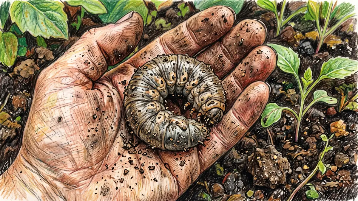 Grey-brown cutworm caterpillar curled into a tight C shape in a gardener's palm after being dug from soil beside a damaged seedling