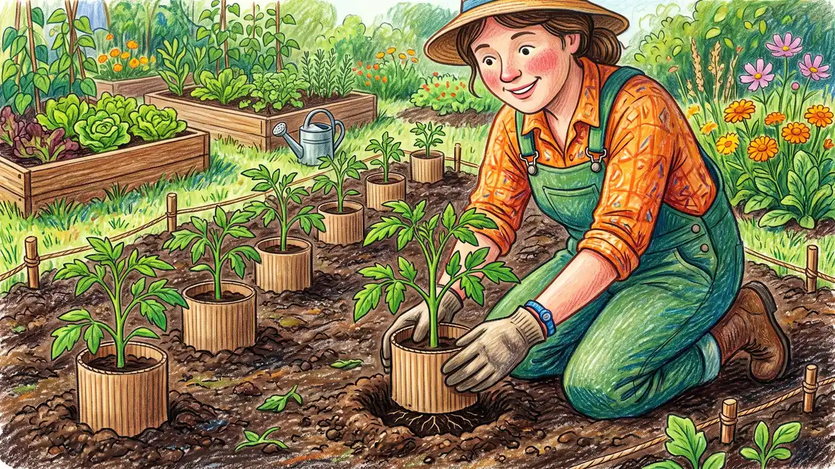 Gardener pressing a cardboard tube collar into soil around the stem of a young tomato transplant to prevent cutworm damage