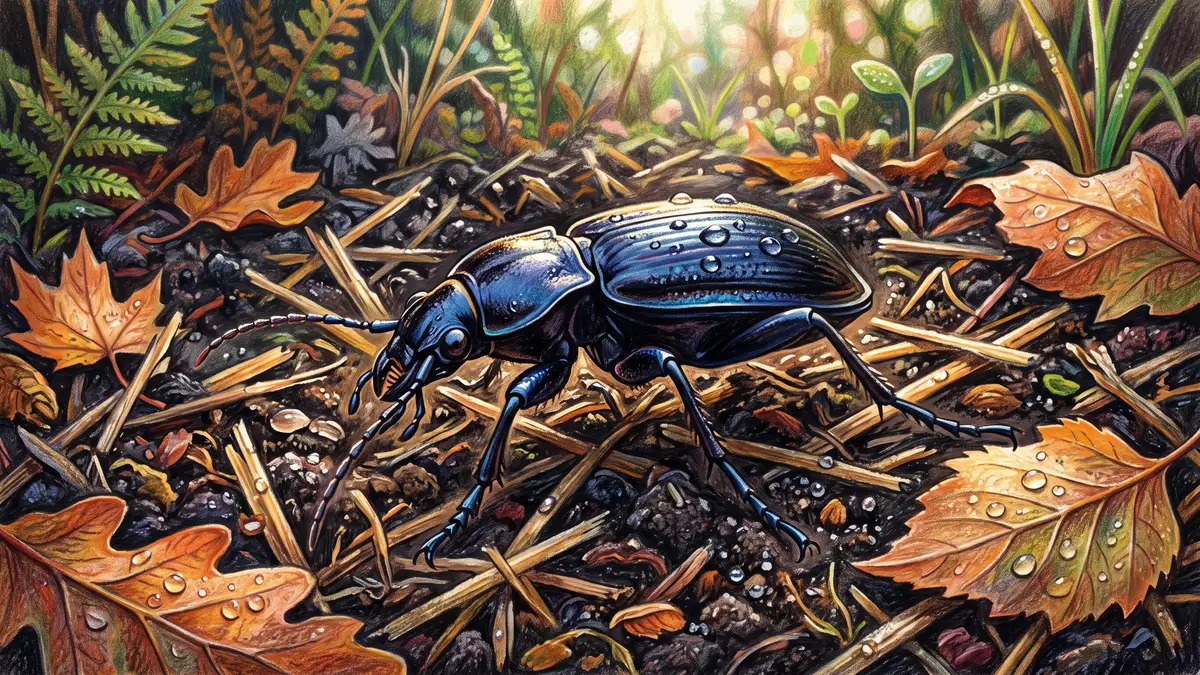 Shiny black ground beetle moving across dark garden soil among straw mulch fragments, a key nocturnal predator of cutworms