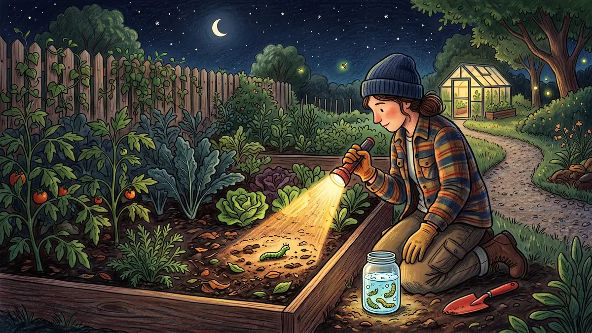Gardener kneeling with a flashlight after dark checking the base of vegetable plants for cutworms with a jar of soapy water