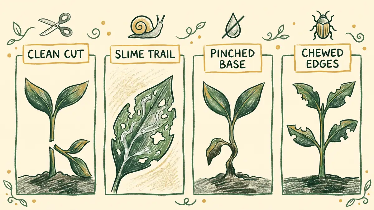 Hand-drawn comparison chart showing four seedling damage patterns: cutworm stem severed at soil line, slug slime trail, damping-off pinched stem, and rabbit-chewed leaves