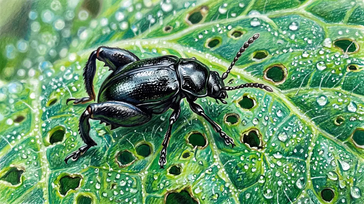 Extreme close-up of a tiny glossy black flea beetle with enlarged hind legs on a brassica leaf riddled with small round shot-holes